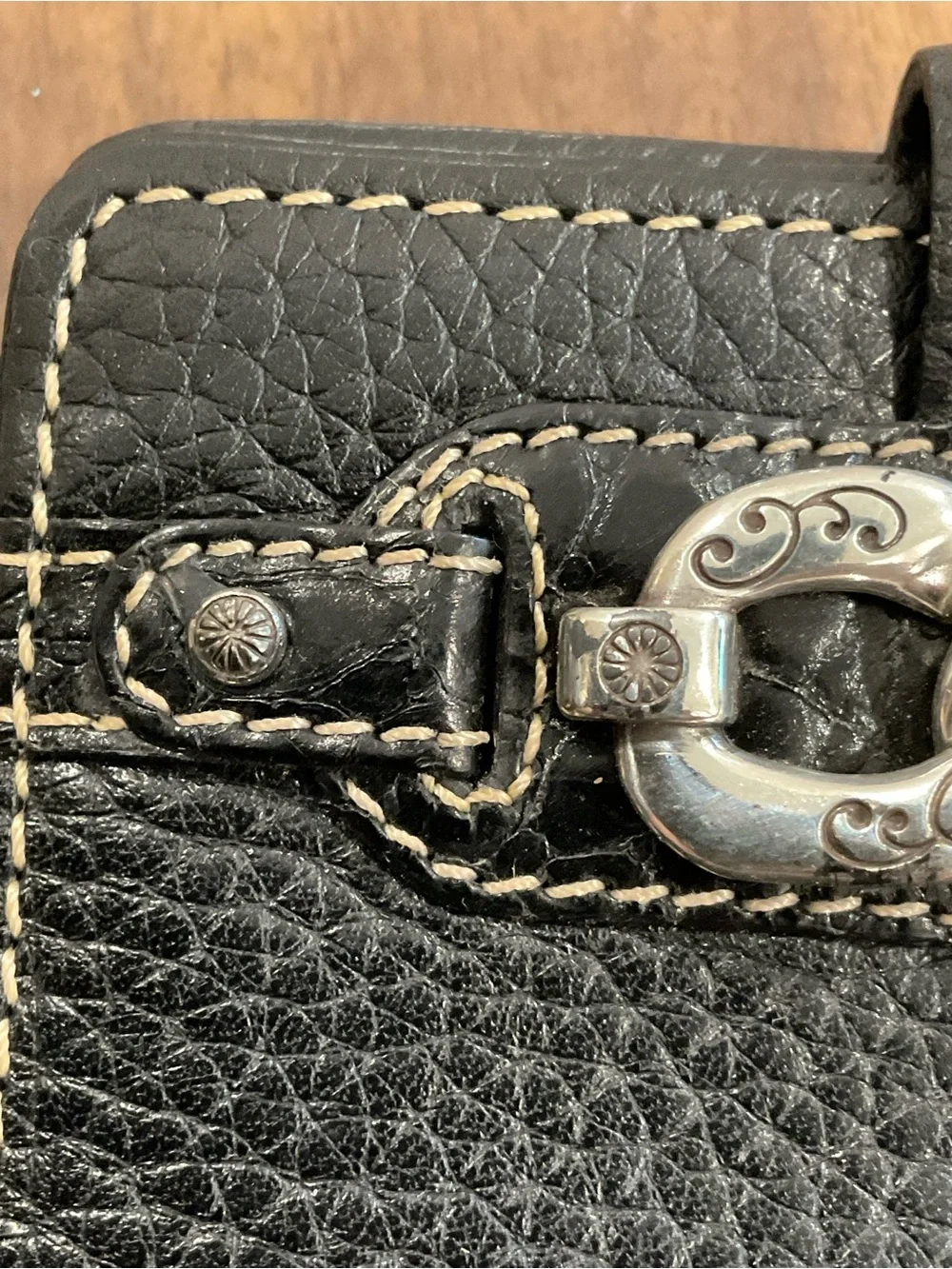 Brighton Black Leather pebble Wallet with Silver Decorative Chain Accent